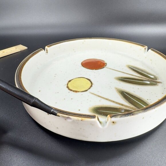 Vintage Japanese Pottery Round Speckled Ashtray Dish Bowl Abstract Flowers Vtg - Picture 6 of 15